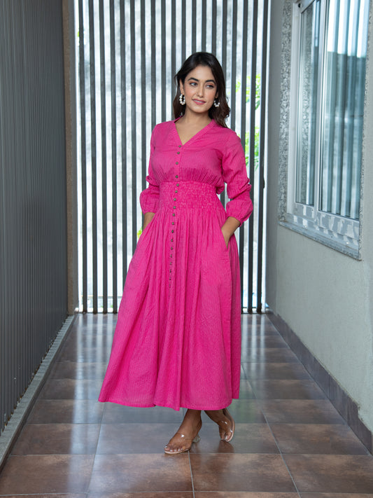AAHELI FUCHSIA PINK COTTON KANTHA COMFY DRESS