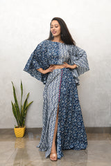 AAHELI NAVY PRINTED COTTON TOP & SKIRT SET