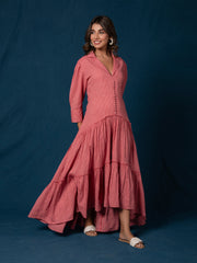 AAHELI CERISE PINK COTTON KANTHA TIERED DRESS