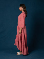 AAHELI CERISE PINK COTTON KANTHA TIERED DRESS