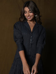 AAHELI MIDNIGHT BLACK COTTON KANTHA TIERED DRESS