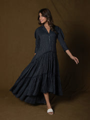 AAHELI MIDNIGHT BLACK COTTON KANTHA TIERED DRESS