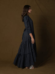 AAHELI MIDNIGHT BLACK COTTON KANTHA TIERED DRESS