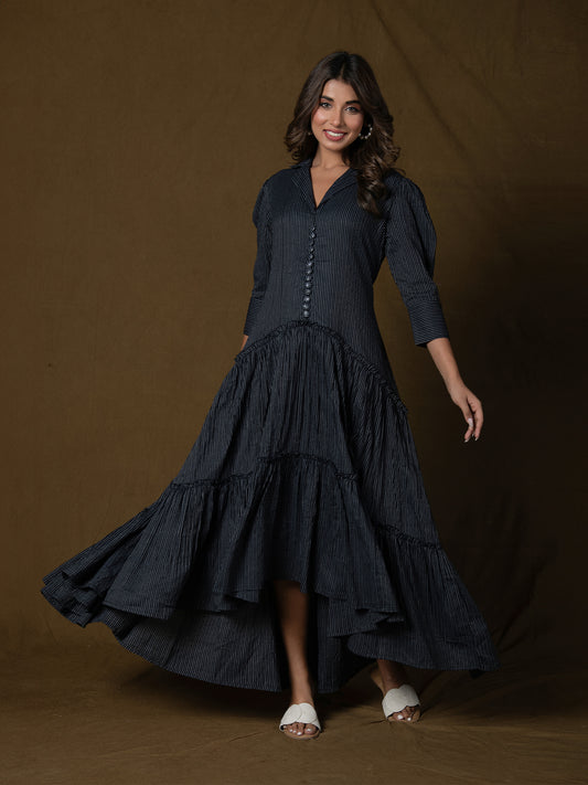 AAHELI MIDNIGHT BLACK COTTON KANTHA TIERED DRESS