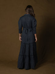 AAHELI MIDNIGHT BLACK COTTON KANTHA TIERED DRESS