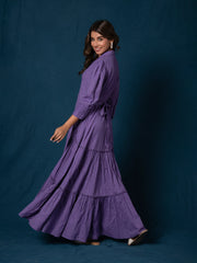 AAHELI BREEZY PURPLE COTTON KANTHA TIERED DRESS