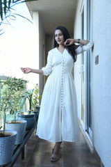 AAHELI OFF-WHITE COTTON KANTHA COMFY DRESS