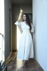 AAHELI OFF-WHITE COTTON KANTHA COMFY DRESS