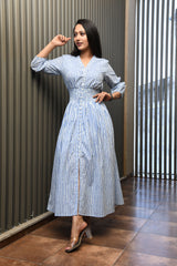 AAHELI BLUE PRINTED STRIPED COTTON COMFY DRESS