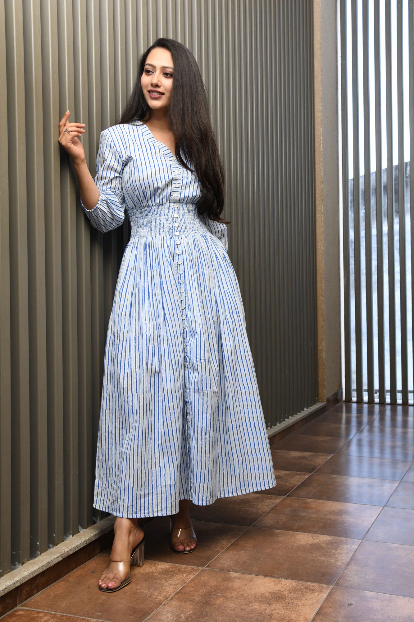 Cotton on blue fashion and white striped dress