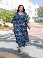AAHELI FLORAL NAVY-BLUE PRINTED FLARED DRESS