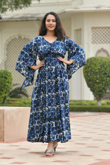 AAHELI FLORAL NAVY-BLUE PRINTED FLARED DRESS