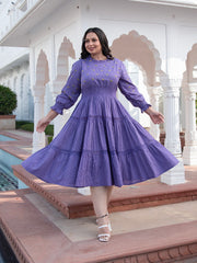 AAHELI RADIANT MEADOWS PURPLE COTTON KANTHA TIERED DRESS