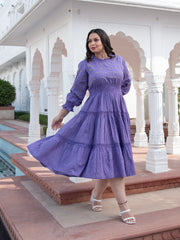 AAHELI RADIANT MEADOWS PURPLE COTTON KANTHA TIERED DRESS