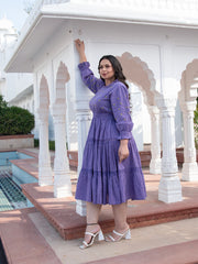 AAHELI RADIANT MEADOWS PURPLE COTTON KANTHA TIERED DRESS