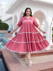 AAHELI TVARIKA CORAL COTTON KANTHA TIERED DRESS