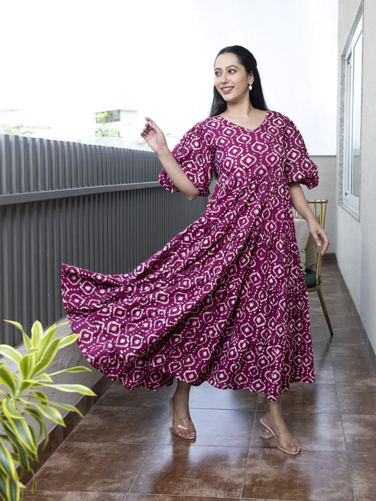 AAHELI DEEP ORCHID PRINTED COTTON TIERED DRESS