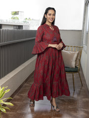 AAHELI THANVI MAROON PRINTED COTTON MAXI DRESS