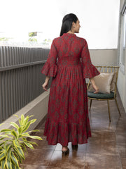 AAHELI THANVI MAROON PRINTED COTTON MAXI DRESS