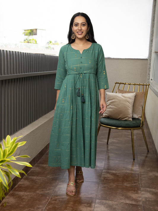 AAHELI GATHIKA TEAL GREEN YARN DYED COTTON MAXI DRESS