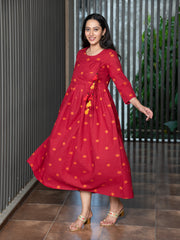 AAHELI ELILI RED YARN DYED COTTON MAXI DRESS