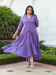 AAHELI BREEZY PURPLE COTTON KANTHA TIERED DRESS