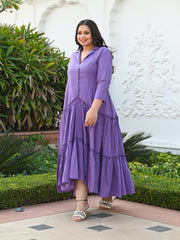 AAHELI BREEZY PURPLE COTTON KANTHA TIERED DRESS