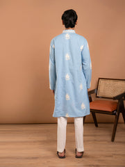 AAHELI JAHAN BLUE COTTON EMBROIDERED KURTA-PANT SET