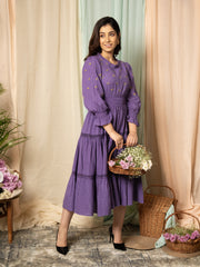 AAHELI RADIANT MEADOWS PURPLE COTTON KANTHA TIERED DRESS