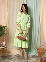 AAHELI RADIANT MEADOWS PASTEL GREEN COTTON KANTHA TIERED DRESS
