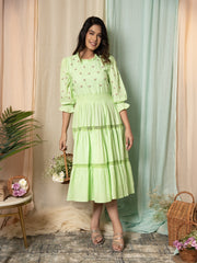 AAHELI RADIANT MEADOWS PASTEL GREEN COTTON KANTHA TIERED DRESS