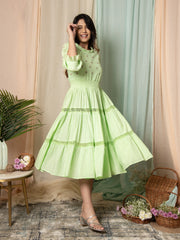 AAHELI RADIANT MEADOWS PASTEL GREEN COTTON KANTHA TIERED DRESS