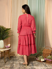 AAHELI RADIANT MEADOWS CERISE PINK COTTON KANTHA TIERED DRESS