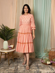 AAHELI RADIANT MEADOWS PEACH COTTON KANTHA TIERED DRESS