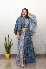 AAHELI NAVY PRINTED COTTON TOP & SKIRT SET