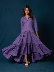 AAHELI BREEZY PURPLE COTTON KANTHA TIERED DRESS