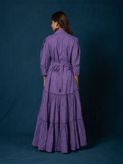 AAHELI BREEZY PURPLE COTTON KANTHA TIERED DRESS