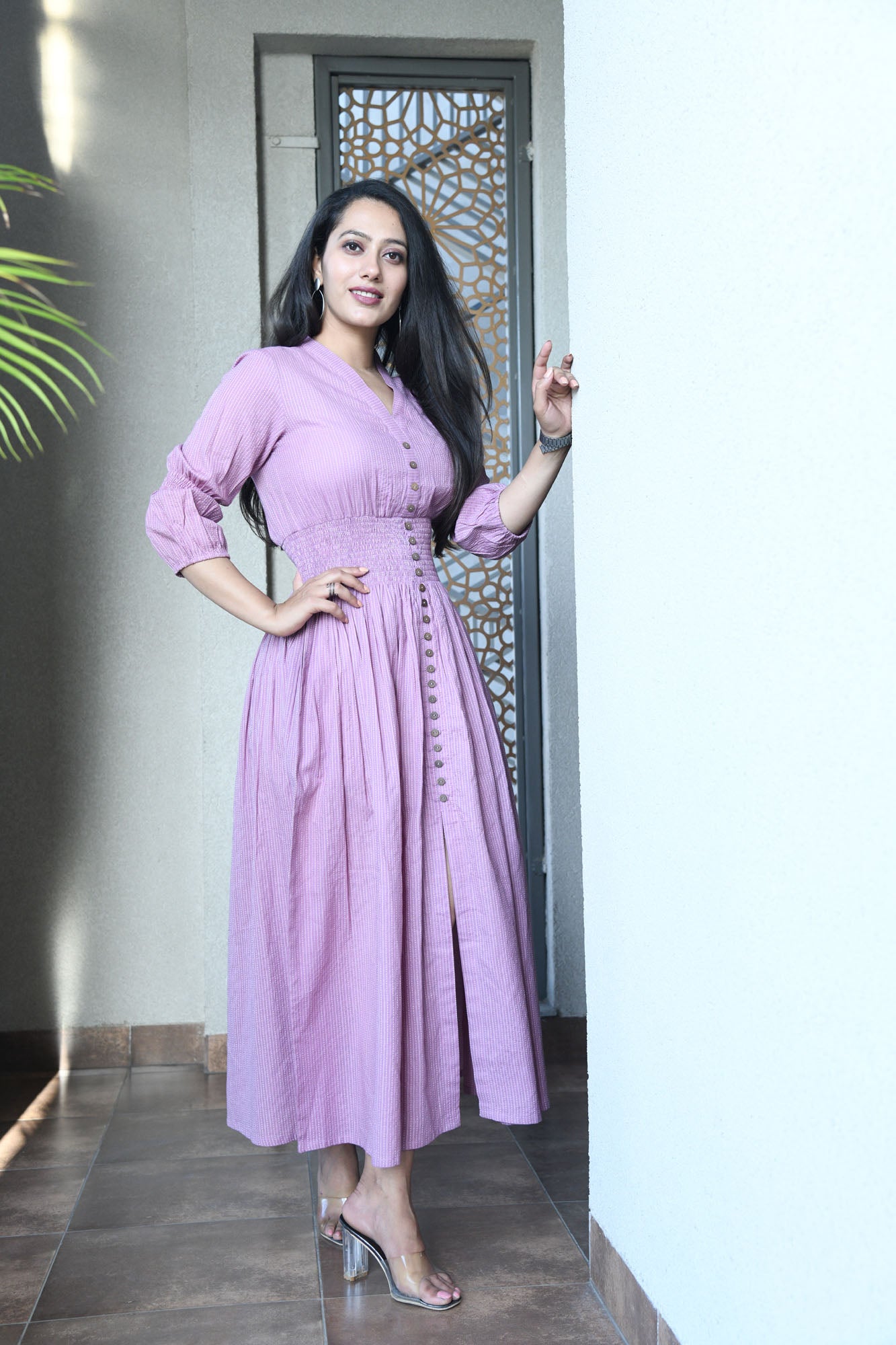 AAHELI MAUVE COTTON KANTHA COMFY DRESS