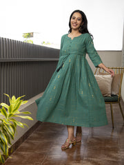 AAHELI GATHIKA TEAL GREEN YARN DYED COTTON MAXI DRESS