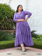 AAHELI BREEZY PURPLE COTTON KANTHA TIERED DRESS