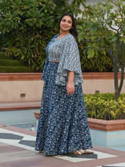 AAHELI NAVY PRINTED COTTON TOP & SKIRT SET