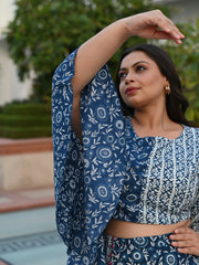 AAHELI NAVY PRINTED COTTON TOP & SKIRT SET