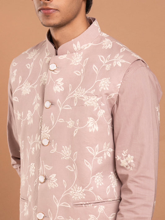 AAHELI BROWN COTTON EMBROIDERED KURTA-PANT-JACKET SET