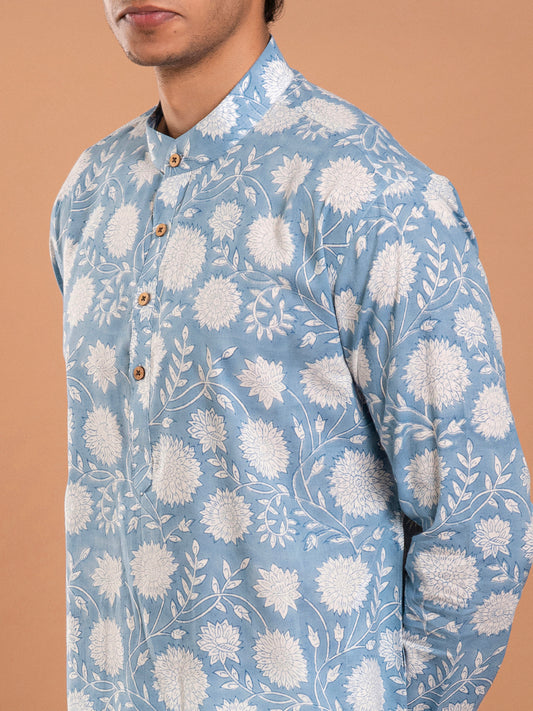 AAHELI MEN'S BLUE FLORAL HAND BLOCK PRINTED KURTA-PANT SET