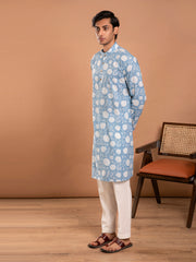 AAHELI MEN'S BLUE FLORAL HAND BLOCK PRINTED KURTA-PANT SET
