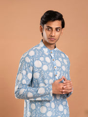 AAHELI MEN'S BLUE FLORAL HAND BLOCK PRINTED KURTA-PANT SET