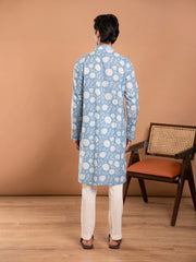 AAHELI MEN'S BLUE FLORAL HAND BLOCK PRINTED KURTA-PANT SET