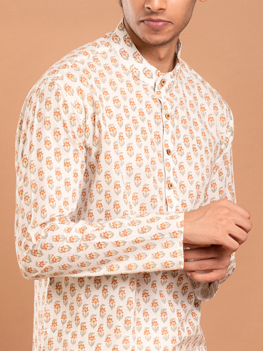 AAHELI OFF-WHITE HAND BLOCK PRINTED KURTA-PANT SET