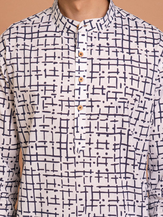 AAHELI SAYAN WHITE HAND BLOCK PRINTED KURTA-PANT SET