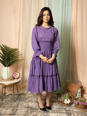 AAHELI RADIANT MEADOWS PURPLE COTTON KANTHA TIERED DRESS